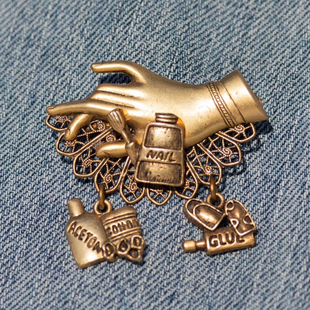 Vintage Gold Tone Nail Technician Brooch | Womens Salon Manicurist Pin Charm